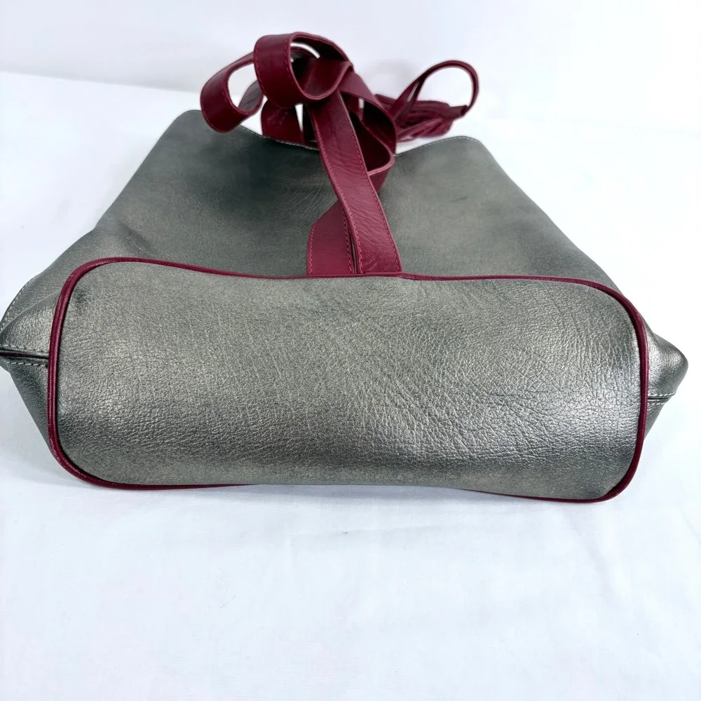Cristina Orozco Metallic Pewter Leather Embroidered Backpack Burgundy Tassel
